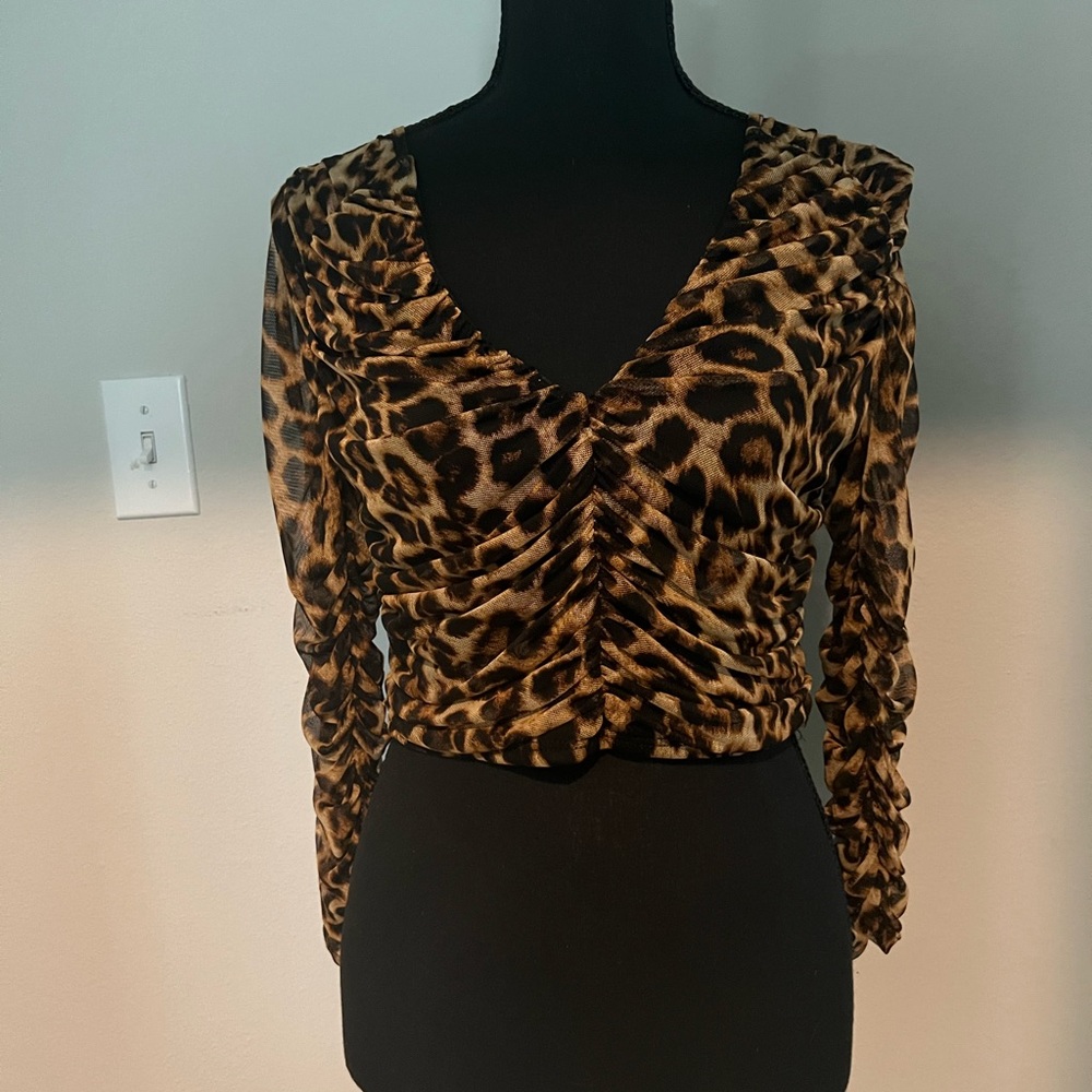 Leopard V-Neck Long Sleeve Crop Top.
